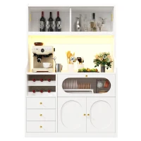 Tall Kitchen Cabinet with App-Controlled RGB LED and Glass Doors, Storage Unit with Wine Rack and 3 Drawers, 120L x 40W x 180H cm, White(m-2)