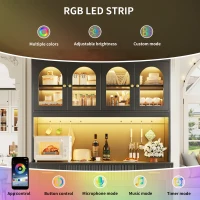Kitchen Cabinet with App-Controlled RGB LED and Glass Display, Storage Cabinet with Roll-Out Shelves and Drawers, 120L x 40W x 187H cm, Black(m-5)