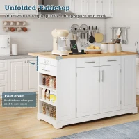 Modern Rolling Kitchen Island Trolley with Woodgrain Worktop, Mobile Storage Cart Unit with Pull-Out Bin Compartment, 138L x 86W x 92H cm, White(m-5)