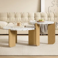 Modern 2-Piece Nesting Coffee Table Set with Patterned Tabletops, Side Tables for Living Room, 70L x 70W x 35H cm, White and Wood(m-5)