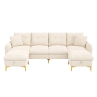 Modern U-Shaped Modular Sleeper Sofa with 2 Storage Ottomans, Soft Convertible Couch 2 Decorative Cushions, 263L x 137W x 85H cm, Beige(m-12)