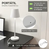 HOMCOM Lámpara de Mesita de Noche con Luces LED Lámpara de Mesa Inalámbrica USB-C Recargable 3 Colores Ø11,2x36,5 cm Blanco(m-4)