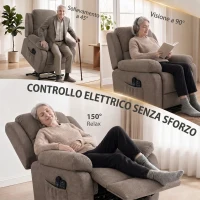 HOMCOM Poltrona Alzapersona Elettrica Reclinabile con Massaggio e Riscaldamento in Tessuto, Marrone Chiaro(m-4)