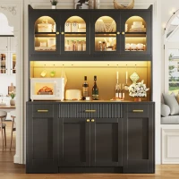 Kitchen Cabinet with App-Controlled RGB LED and Glass Display, Storage Cabinet with Roll-Out Shelves and Drawers, 120L x 40W x 187H cm, Black(m-1)