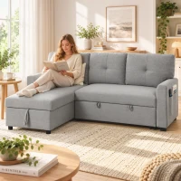 HOMCOM Canapea extensibilă 3 locuri cu șezlong convertibil, spațiu de depozitare, 3 perne, material cu efect de in, gri(m-8)