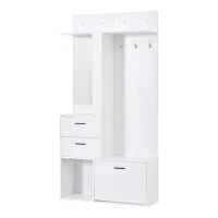 Modern Hall Tree with Mirror and Fold-Out Shoe Rack, Space-Saving Entryway Organizer with 3 Hooks and Drawers, 90L x 30W x 180H cm, White(m-12)