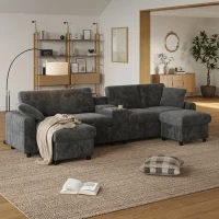 Modern Corduroy U-Shaped Sectional Sofa with 2 Movable Storage Ottomans, Soft Convertible Couch with 2 Type-C Charging Ports, 315L x 135W x 81H cm, Grey(m-1)