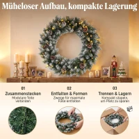 HOMCOM Verlichte kerstkrans 60 cm met 50 leds, dennenappels en sneeuwlook voor kerst en voordeur(m-7)