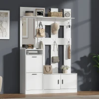 Modern Hall Tree with Coat Rack, Mirror and Shoe Bench, Space-Saving Entryway Unit with 6 Hooks and Flip Cabinets, 120L x 30W x 180H cm, White(m-8)