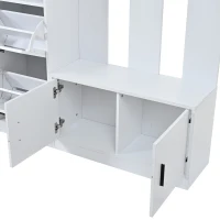 Modern Hall Tree with Coat Rack, Mirror and Shoe Bench, Space-Saving Entryway Unit with 6 Hooks and Flip Cabinets, 120L x 30W x 180H cm, White(m-11)