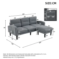 L-Shaped Sectional Sofa with Movable Chaise and Storage Pockets, Modular 3-Seater Corner Sofa for Living Room, 204L × 136W × 80H cm, Grey(m-3)