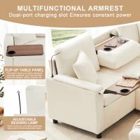 Modern Corner Sofa Bed with Reading Lamp and Fold-Out Cup Holder Table, Soft Pull-Out Sleeper Couch with Ottoman, 205L x 205W x 85H cm, Beige(m-7)
