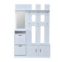 Modern Hall Tree with Coat Rack, Mirror and Shoe Bench, Space-Saving Entryway Unit with 6 Hooks and Flip Cabinets, 120L x 30W x 180H cm, White(m-2)