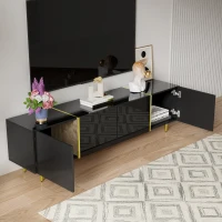 High-Gloss TV Cabinet with Four Soft-Close Doors, Modern Entertainment Stand for Living Room, 170L × 35W × 46H cm, Black+Gold(m-4)
