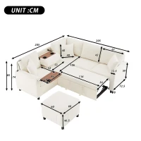 Modern Corner Sofa Bed with Reading Lamp and Fold-Out Cup Holder Table, Soft Pull-Out Sleeper Couch with Ottoman, 205L x 205W x 85H cm, Beige(m-3)