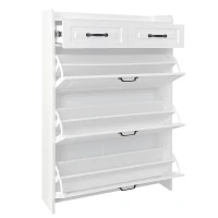 Modern Wooden Shoe Cabinet with 3 Flip Louvered Doors and 2 Drawers, Space-Saving Entryway Storage for Hallway, 80L x 23.5W x 131H cm, White(m-9)