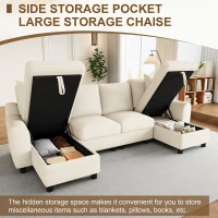 Modern Chenille U-Shaped Sectional Sofa with 2 Storage Chaise Lounges, Soft Convertible Couch with 2 Square Cushions, 272L x 131.5W x 84H cm, Beige(m-4)
