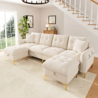Modern U-Shaped Modular Sleeper Sofa with 2 Storage Ottomans, Soft Convertible Couch 2 Decorative Cushions, 263L x 137W x 85H cm, Beige(m-8)