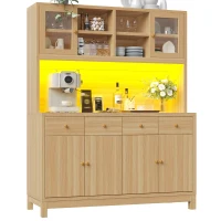 Modern Tall Buffet Cabinet with App-Controlled RGB LED, Versatile Storage Cabinet for Kitchen and Dining Room, 140L x 38.5W x 180H cm, Natural(m-10)