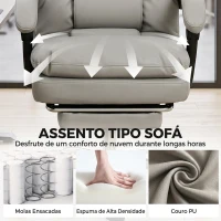 HOMCOM Cadeira de Escritório Ergonómica em PU com Molas Ensacadas, Reclinável 155°, Encosto Alto, Apoio de Cabeça, Cinzento-Claro(m-4)