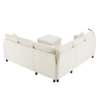 Modern Corner Sofa Bed with Reading Lamp and Fold-Out Cup Holder Table, Soft Pull-Out Sleeper Couch with Ottoman, 205L x 205W x 85H cm, Beige(m-9)