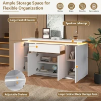 Modern LED Sideboard with 4 Doors and Large Drawer, Freestanding Buffet Cupboard for Living Room, 140L x 40W x 80H cm, White+Natural(m-4)