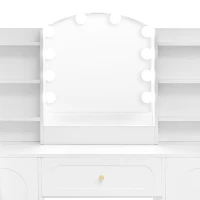 Modern Vanity Desk with Padded Stool and 2 Storage Cabinets, Makeup Dressing Table with Adjustable LED Mirror, 110L x 40W x 132H cm, White(m-8)