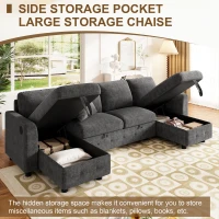 Modern U-Shaped Sectional Sofa with 2 Storage Chaise Lounges, Convertible Sleeper Couch with 2 Square Cushions, 260L x 128W x 82H cm, Gray(m-5)