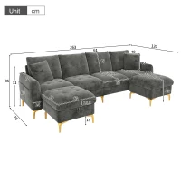 Modern U-Shaped Modular Sleeper Sofa with 2 Storage Ottomans, Soft Convertible Couch with 2 Decorative Cushions, 263L x 137W x 85H cm, Gray(m-3)