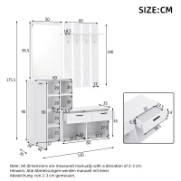 Hallway Storage Unit with Mirror and 4 Hooks, Space-Saving Shoe Cabinet with 10 Compartments for Entryway, 120L x 35W x 175.5H cm, White(m-3)