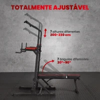HOMCOM Estação de Musculação Dobrável com Barra de Elevações, Altura Ajustável e Banco Reclinável, Preto e Vermelho(m-5)