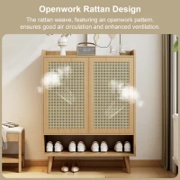 Modern Shoe Cabinet Storage Combo with 5-Tier Shelves, Freestanding Cupboard Organiser with Rattan Doors, 80L x 35W x 105H cm, Light Oak(m-4)