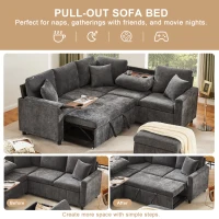 Modern Corner Sofa Bed with Reading Lamp and Fold-Out Cup Holder Table, Soft Pull-Out Sleeper Couch with Ottoman, 205L x 205W x 85H cm, Grey(m-5)