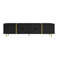 High-Gloss TV Cabinet with Four Soft-Close Doors, Modern Entertainment Stand for Living Room, 170L × 35W × 46H cm, Black+Gold(m-2)