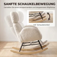 HOMCOM Polster-Schaukelstuhl mit verstellbarer Kopfstütze, Velours in Regentropfen-Optik, Gestell aus Gummibaumholz, Cremeweiß(m-4)