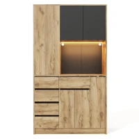 Modern Tall Kitchen Pantry Sideboard with 4-Tier Pull-Out Organiser, Freestanding Storage Cupboard with Power Outlets, 105L x 40W x 185H cm, Black(m-2)