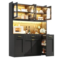 Kitchen Cabinet with App-Controlled RGB LED and Glass Display, Storage Cabinet with Roll-Out Shelves and Drawers, 120L x 40W x 187H cm, Black(m-13)