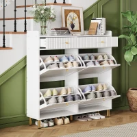 Modern Shoe Cabinet with 4 Flip Doors and 2 Drawers, Space-Saving Entryway Storage Organizer with Metal Handles, 106.5L x 25W x 105.5H cm, White(m-6)