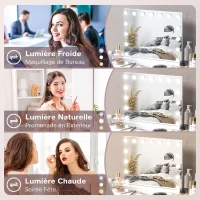 HOMCOM Miroir Maquillage Hollywood 58 x 48 cm, Miroir Coiffeuse LED, 15 Ampoules, 3 Modes d'Éclairage, Port USB de Charge(m-5)