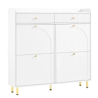 Modern Shoe Cabinet with 4 Flip Doors and 2 Drawers, Space-Saving Entryway Storage Organizer with Metal Handles, 106.5L x 25W x 105.5H cm, White(m-13)