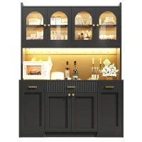 Kitchen Cabinet with App-Controlled RGB LED and Glass Display, Storage Cabinet with Roll-Out Shelves and Drawers, 120L x 40W x 187H cm, Black(m-2)
