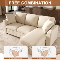 Modern Chenille L-Shaped Sectional Sofa with Reversible Storage Chaise, Soft Pull-Out Sleeper Couch with USB Ports, 200L x 130.5W x 83.5H cm, Beige(m-5)