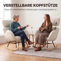 HOMCOM Polster-Schaukelstuhl mit verstellbarer Kopfstütze, Velours in Regentropfen-Optik, Gestell aus Gummibaumholz, Cremeweiß(m-5)