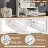 Modern Hall Tree with Mirror and Fold-Out Shoe Rack, Space-Saving Entryway Organizer with 3 Hooks and Drawers, 90L x 30W x 180H cm, White(m-5)