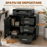 HOMCOM Dulap cu 3 Sertare, Poliță Reglabilă, Suport pentru Imprimantă și Lacăt, Negru(m-4)