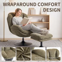 HOMCOM Modern Chenille Lazy Chair with Ottoman, 360° Swivel, Upholstered Reading Seat Set for Living Room, Dark Green(m-7)