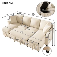 Modern Chenille U-Shaped Sectional Sofa with 2 Storage Chaise Lounges, Soft Convertible Sleeper Couch with 2 Square Cushions, 260L x 128W x 82H cm, Beige(m-3)