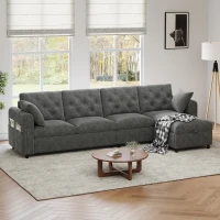 Modern Velvet L-Shaped Sectional Sofa with Reversible Storage Chaise and Tufted Back, Soft Corner Couch for Living Room, 281L x 132W x 86H cm, Grey(m-1)