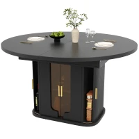 Extendable Dining Table with Glass Doors and Hidden Storage, Space-Saving Oval Dining Table for Up to 6 People, 120-160L x 118W x 77H cm, Black(m-10)