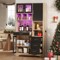 Tall Kitchen Pantry Cabinet with App-Controlled LED Lights, Freestanding Storage Cupboard with Power Outlets, 100L x 40W x 185H cm, Black+Natural(m-1)